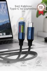 Şarj Kablosu Type-C to Lightning Led Ekranlı Hızlı 27W Örgü Data Kablo U21 Siyah