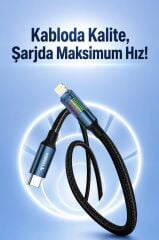 Şarj Kablosu Type-C to Lightning Led Ekranlı Hızlı 27W Örgü Data Kablo U21 Siyah