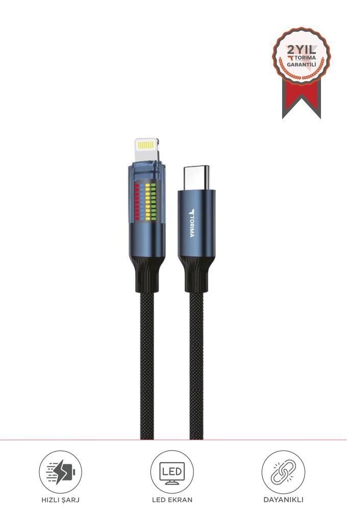 Şarj Kablosu Type-C to Lightning Led Ekranlı Hızlı 27W Örgü Data Kablo U21 Siyah