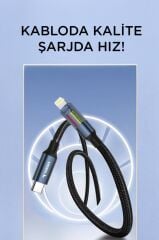 Şarj Kablosu Type-C to Lightning Led Ekranlı Hızlı 27W Örgü Data Kablo U21 Siyah