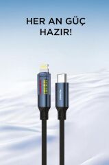 Şarj Kablosu Type-C to Lightning Led Ekranlı Hızlı 27W Örgü Data Kablo U21 Siyah