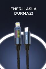 Torima U21 Siyah Type-C to Lightning 27W Hızlı Şarj Kablosu LED Ekranlı Dayanıklı Örgü Kablo