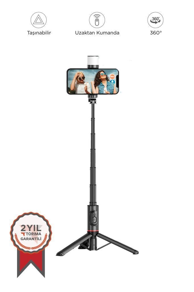 Tripod Çok Amaçlı Led Işıklı Kumandalı Selfie Çubuğu Q12S Siyah