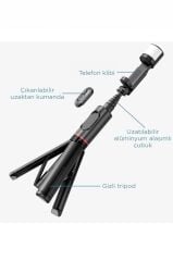 Tripod Çok Amaçlı Led Işıklı Kumandalı Selfie Çubuğu Q12S Siyah
