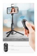 Tripod Çok Amaçlı Led Işıklı Kumandalı Selfie Çubuğu Q12S Siyah