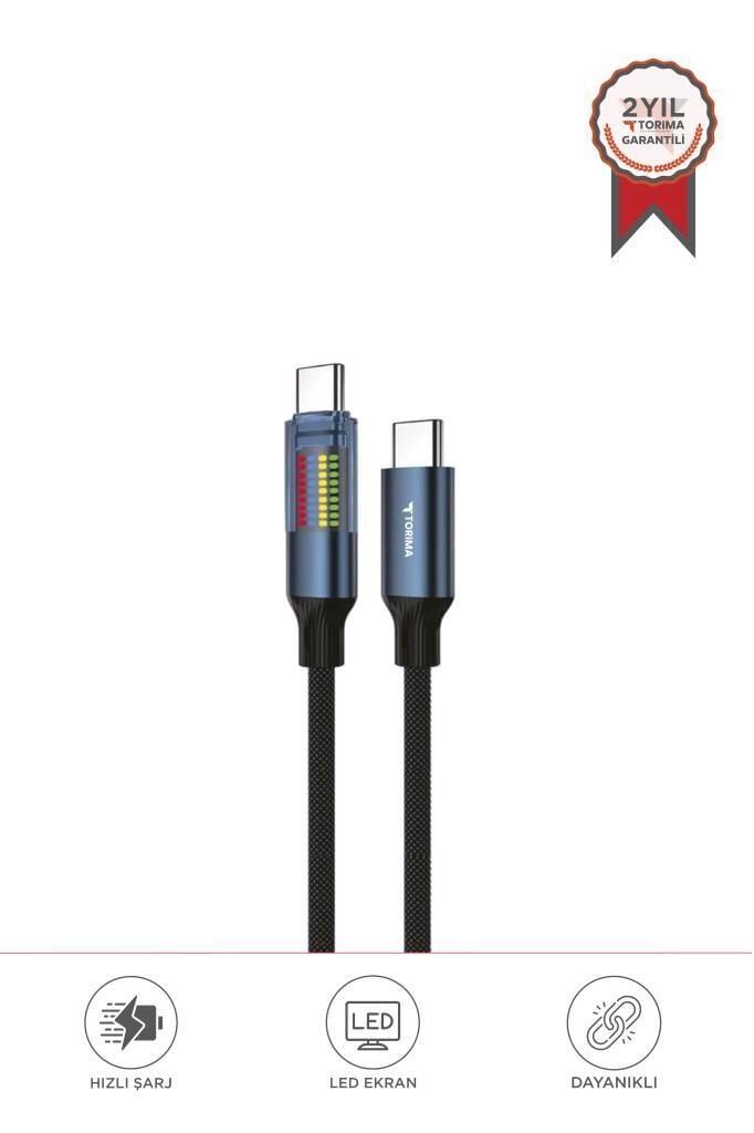 TORIMA U21 Siyah Type-C to Type-C 60W Hızlı Şarj Kablosu – LED Ekranlı, Dayanıklı Örgü Kablo