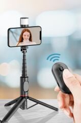 Tripod Çok Amaçlı Led Işıklı Kumandalı Selfie Çubuğu Q12S Siyah