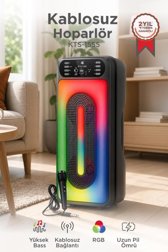 Bluetooth Hoparlör Mikrofonlu Rgb Işıklı Kablosuz Speaker KTS-1555 Siyah