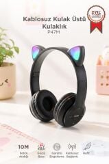 Bluetooth Kulaklık Kulak Üstü Kedi Figürlü Kablosuz Kulaklık P47M Siyah