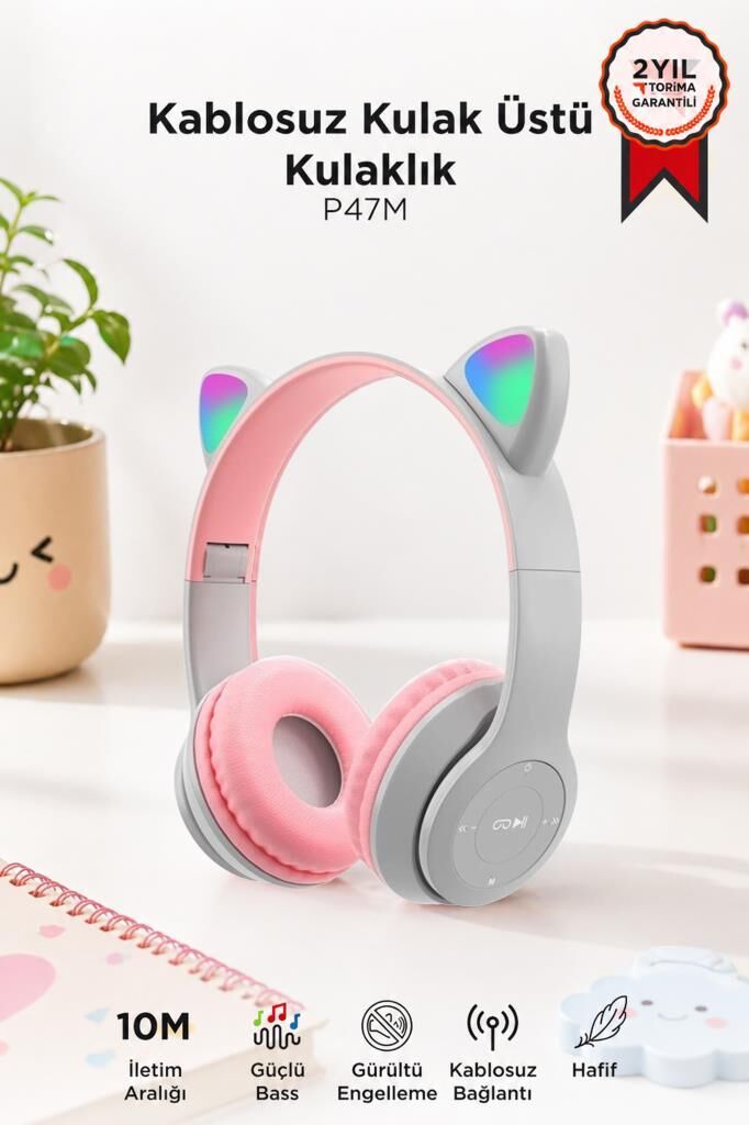 Bluetooth Kulaklık Kulak Üstü Kedi Figürlü Kablosuz Kulaklık P47M Gri