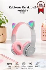 Bluetooth Kulaklık Kulak Üstü Kedi Figürlü Kablosuz Kulaklık P47M Gri