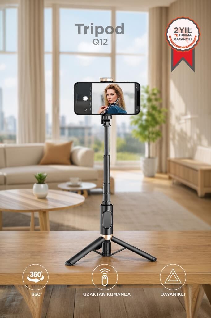 Tripod Çok Amaçlı Kumandalı Selfie Çubuğu Q12 Siyah