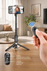Tripod Çok Amaçlı Kumandalı Selfie Çubuğu Q12 Siyah