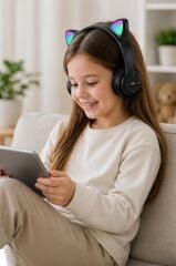 Bluetooth Kulaklık Kulak Üstü Kedi Figürlü Kablosuz Kulaklık P47M Pembe