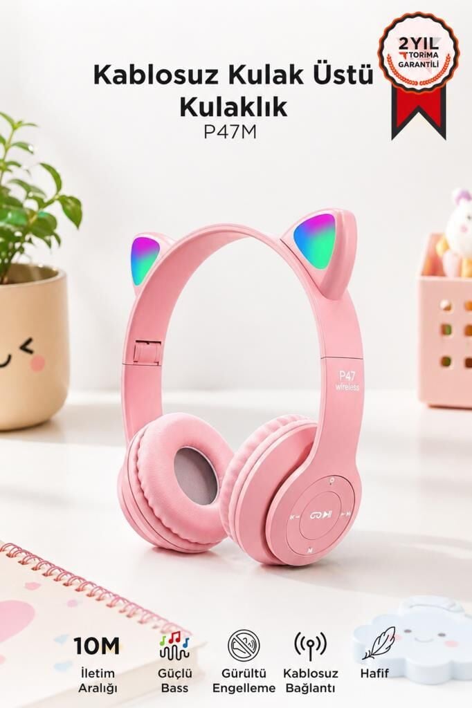 Bluetooth Kulaklık Kulak Üstü Kedi Figürlü Kablosuz Kulaklık P47M Pembe