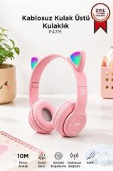 Bluetooth Kulaklık Kulak Üstü Kedi Figürlü Kablosuz Kulaklık P47M Pembe