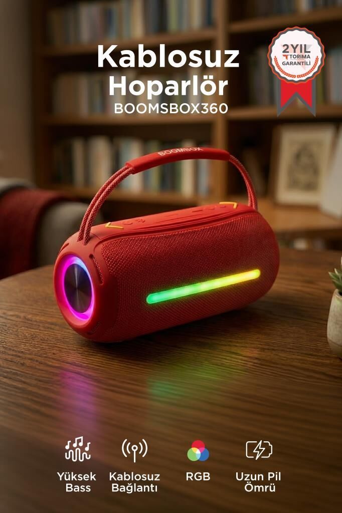 Bluetooth Hoparlör Rgb Işıklı USB TF Destekli Booms Box 360 Kırmızı