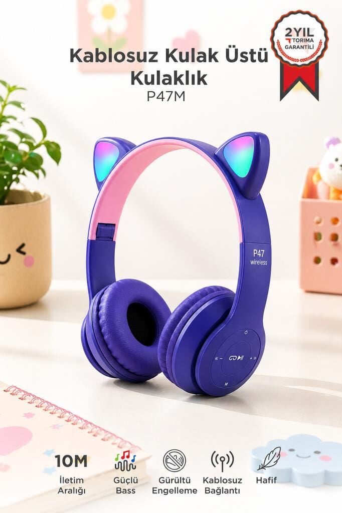 Bluetooth Kulaklık Kulak Üstü Kedi Figürlü Kablosuz Kulaklık P47M Mor