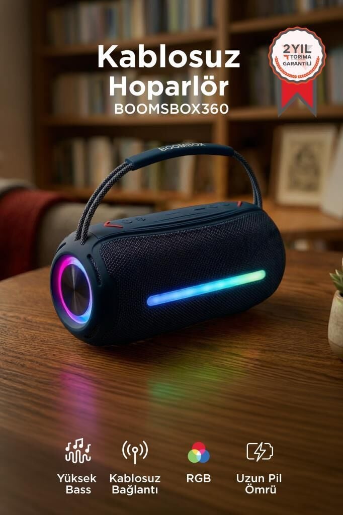 Bluetooth Hoparlör Rgb Işıklı USB TF Destekli Booms Box 360 Mavi