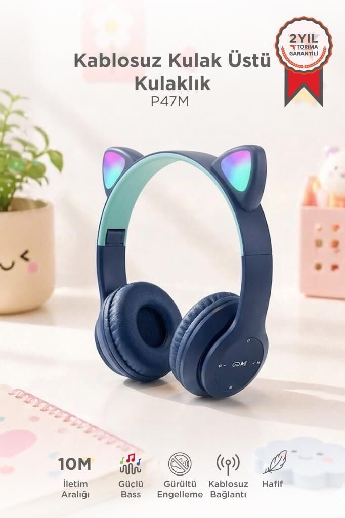 Bluetooth Kulaklık Kulak Üstü Kedi Figürlü Kablosuz Kulaklık P47M Lacivert