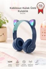 Bluetooth Kulaklık Kulak Üstü Kedi Figürlü Kablosuz Kulaklık P47M Lacivert