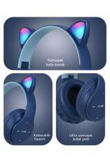 Bluetooth Kulaklık Kulak Üstü Kedi Figürlü Kablosuz Kulaklık P47M Lacivert