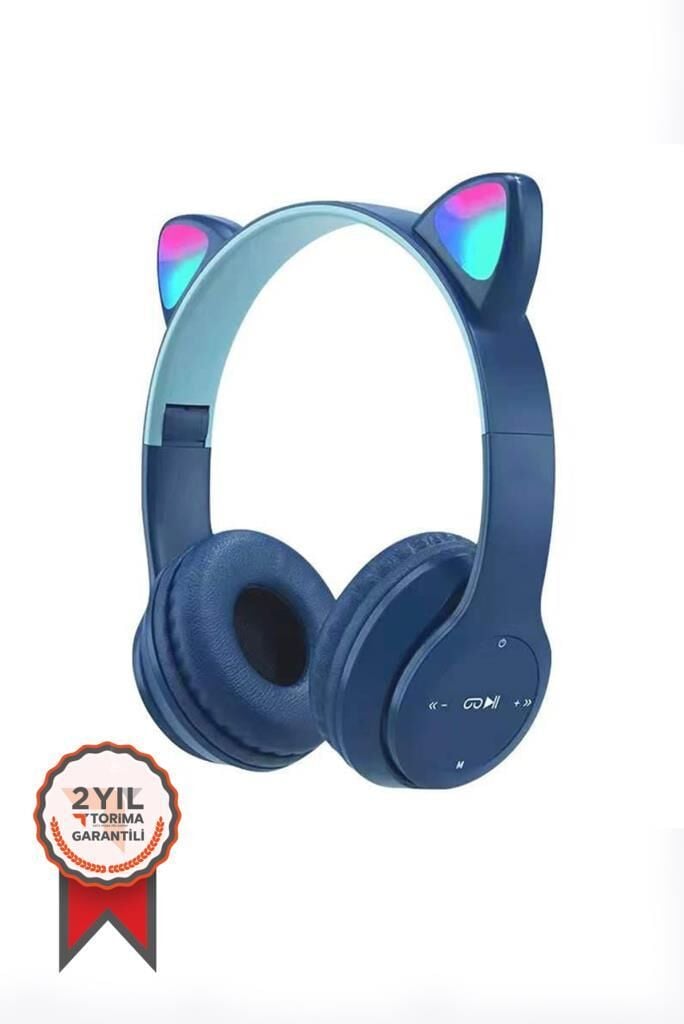 Bluetooth Kulaklık Kulak Üstü Kedi Figürlü Kablosuz Kulaklık P47M Lacivert