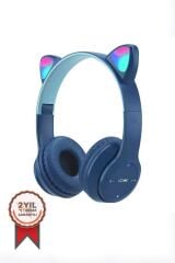 Bluetooth Kulaklık Kulak Üstü Kedi Figürlü Kablosuz Kulaklık P47M Lacivert