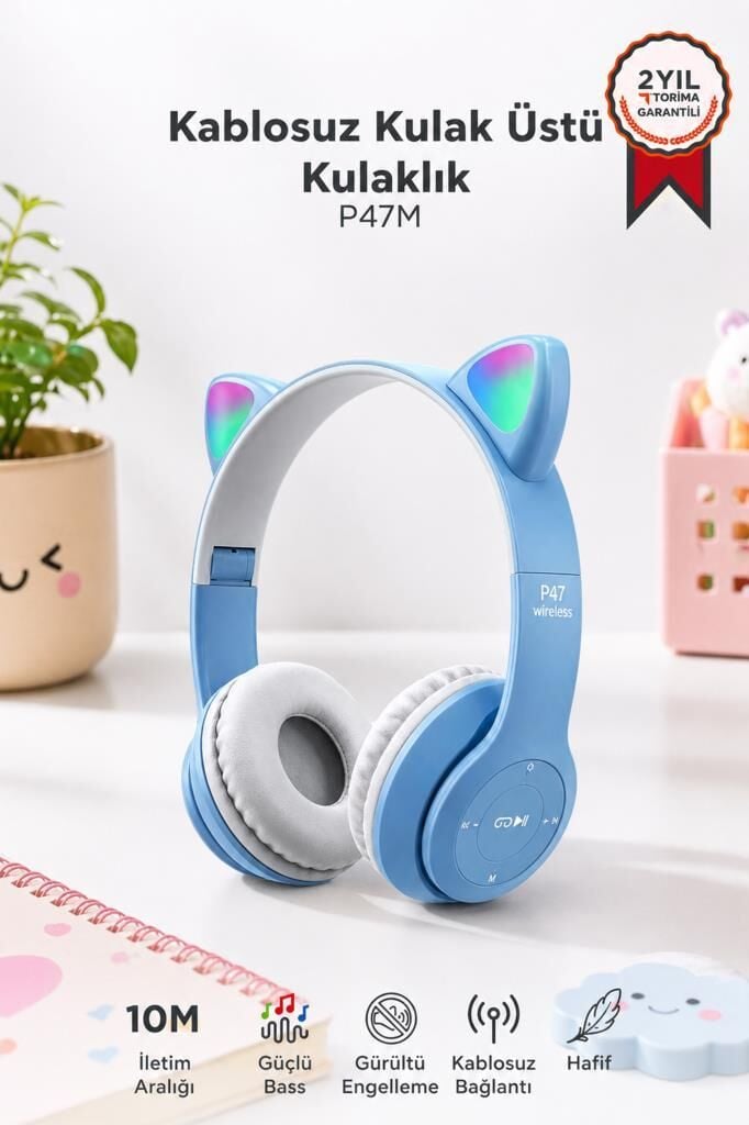 Bluetooth Kulaklık Kulak Üstü Kedi Figürlü Kablosuz Kulaklık P47M Mavi