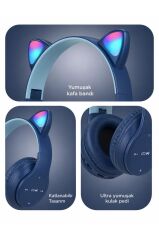Bluetooth Kulaklık Kulak Üstü Kedi Figürlü Kablosuz Kulaklık P47M Mavi