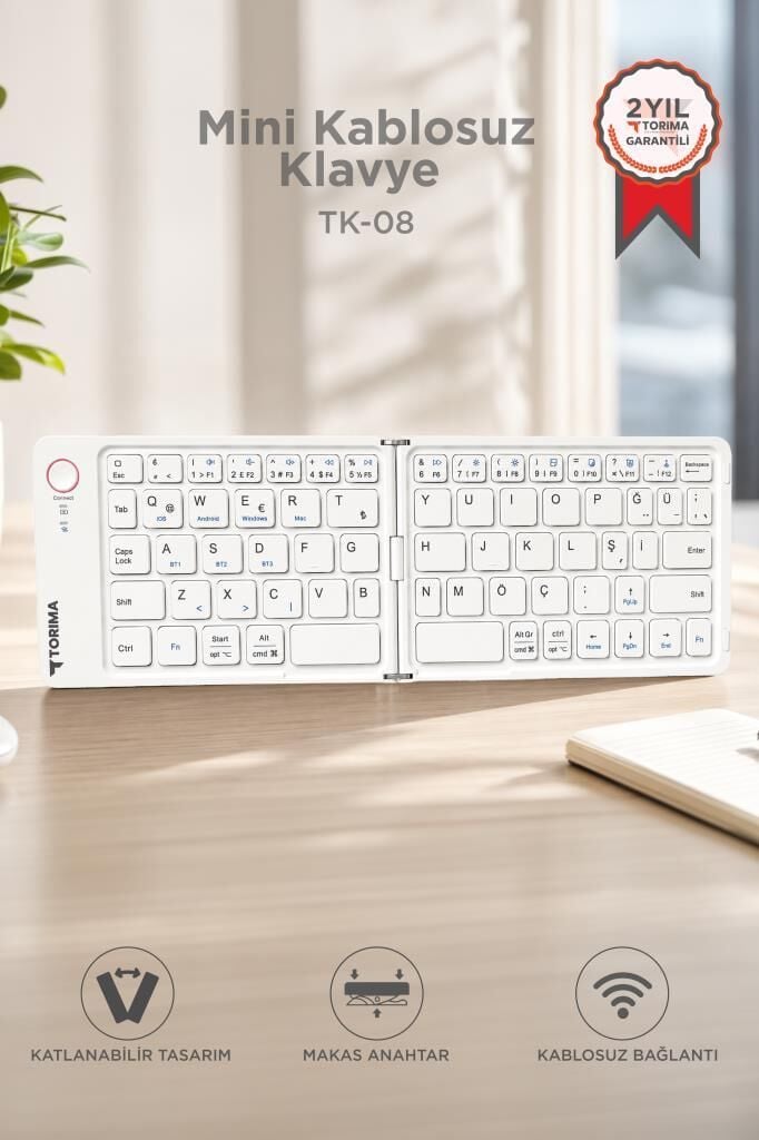 Kablosuz Klavye Bluetooth Katlanabilir Şarjlı Mini Klavye TK08 Beyaz