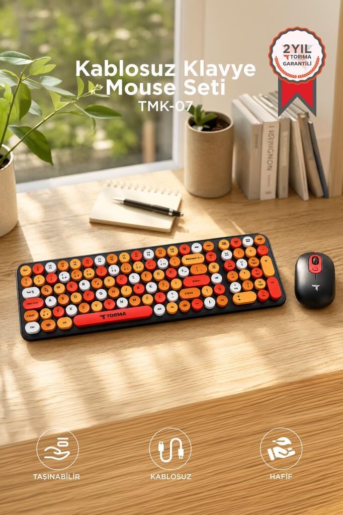 Kablosuz Q Klavye Mouse Seti Retro Daktilo Görünümlü TMK07 Çok Renkli