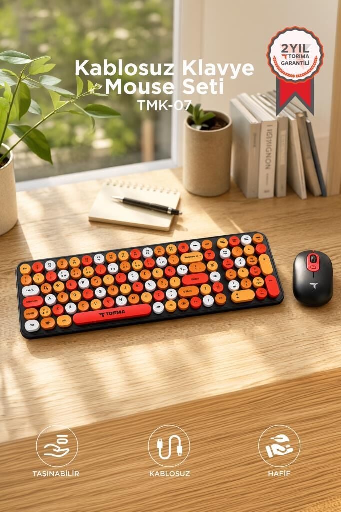 Kablosuz Q Klavye Mouse Seti Retro Daktilo Görünümlü TMK07 Çok Renkli