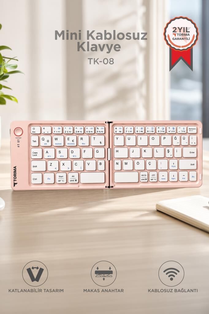 Kablosuz Klavye Bluetooth Katlanabilir Şarjlı Mini Klavye TK08 Pembe