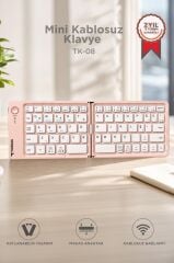 Kablosuz Klavye Bluetooth Katlanabilir Şarjlı Mini Klavye TK08 Pembe