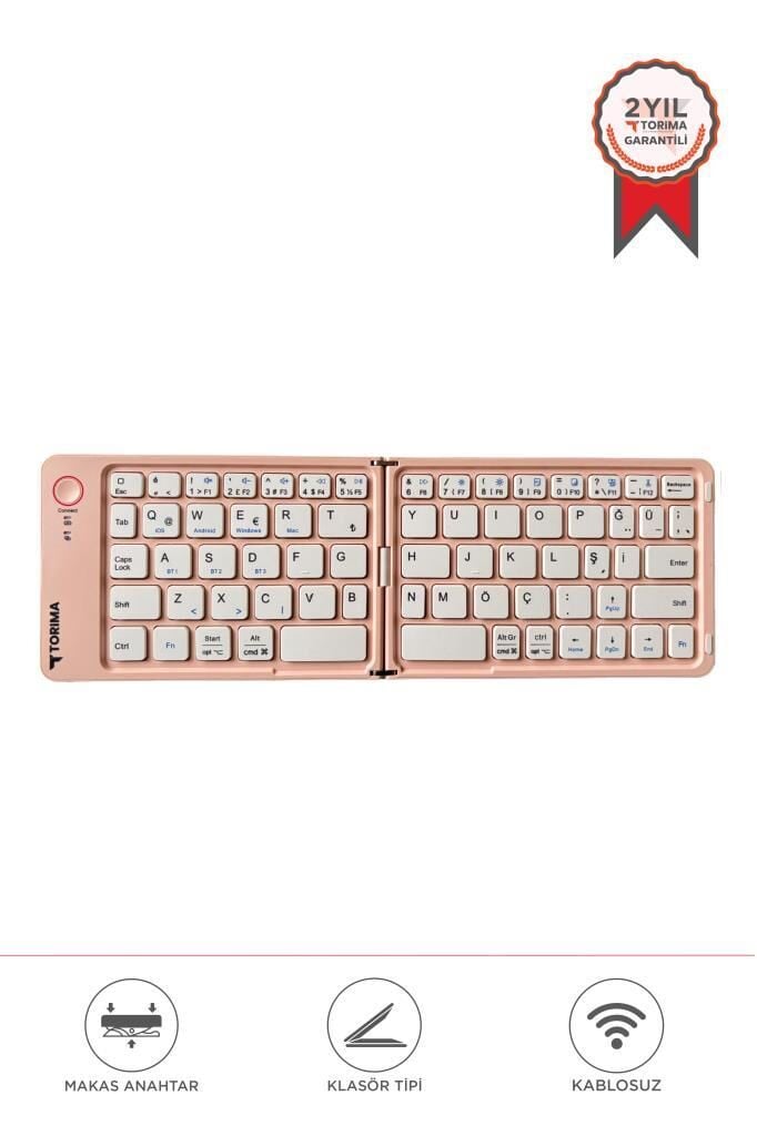 Kablosuz Klavye Bluetooth Katlanabilir Şarjlı Mini Klavye TK08 Pembe
