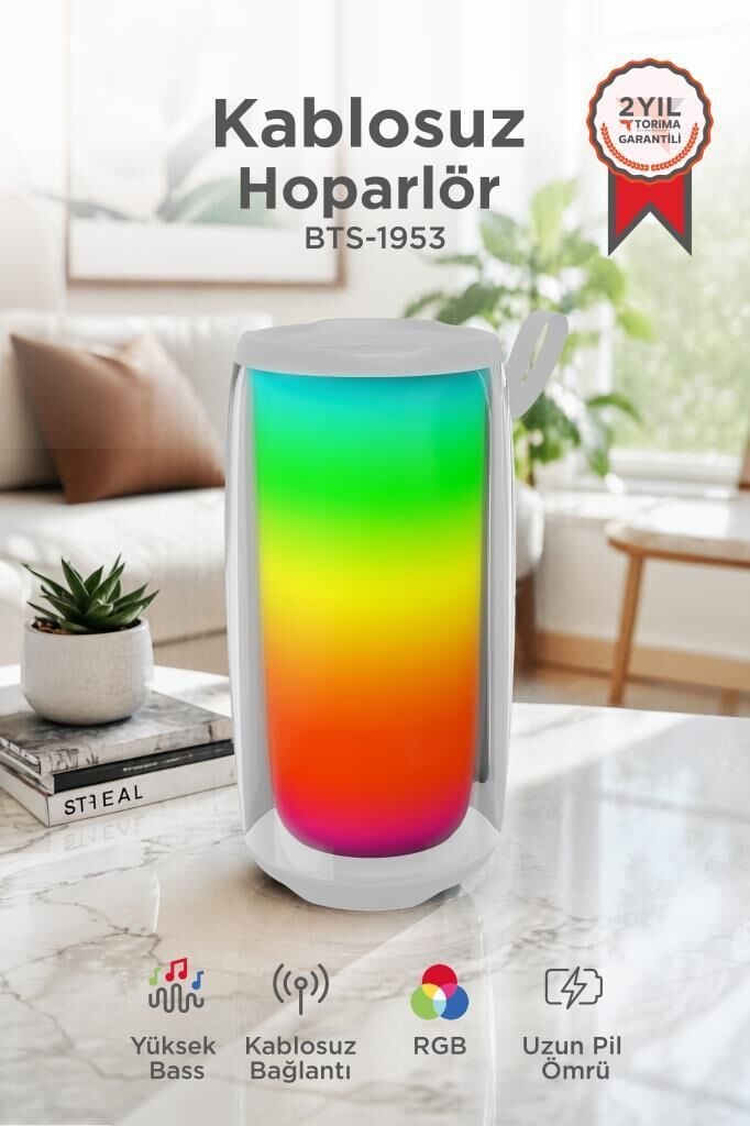 Bluetooth Hoparlör Rgb Işıklı TWS USB TF Destekli Speaker BTS-1953 Beyaz