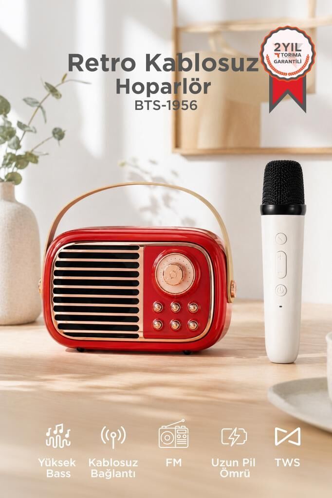 Bluetooth Hoparlör Nostaljik Radyo Mikrofonlu Rgb Işıklı TWS USB TF Speaker BTS-1956 Kırmızı