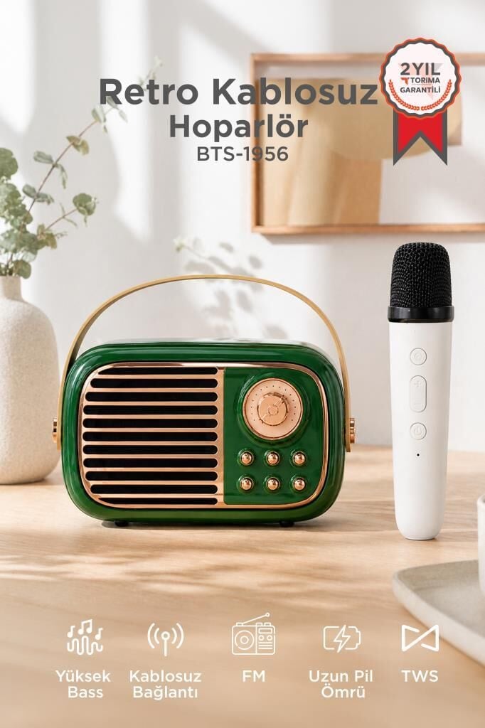 Bluetooth Hoparlör Nostaljik Radyo Mikrofonlu Rgb Işıklı TWS USB TF Speaker BTS-1956 Yeşil