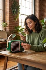 Bluetooth Hoparlör Nostaljik Radyo Mikrofonlu Rgb Işıklı TWS USB TF Speaker BTS-1956 Yeşil