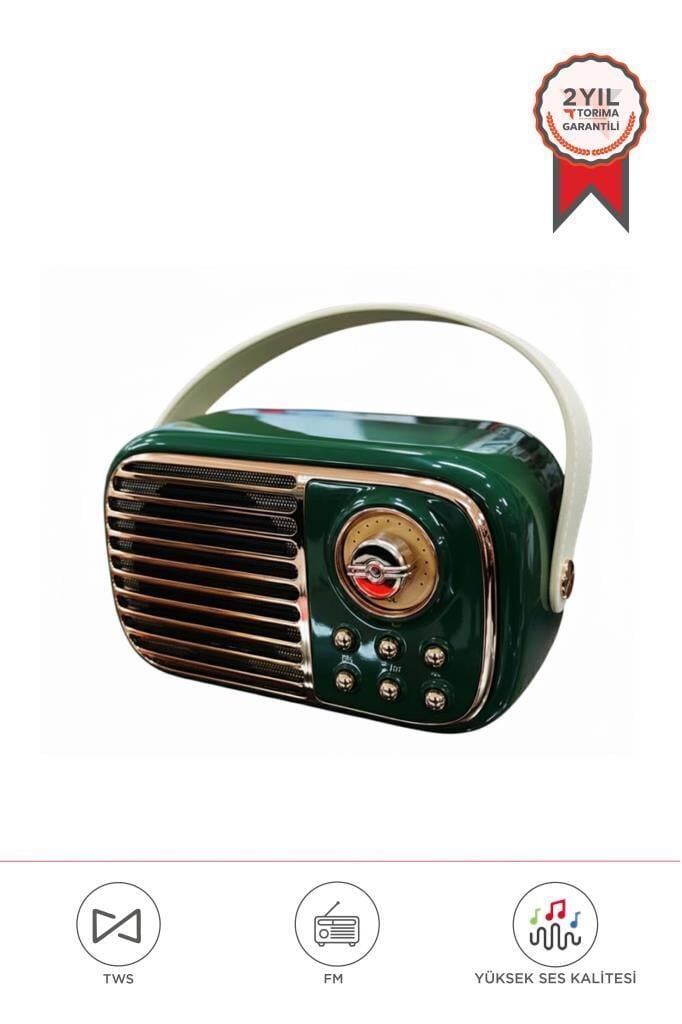 Bluetooth Hoparlör Nostaljik Radyo Mikrofonlu Rgb Işıklı TWS USB TF Speaker BTS-1956 Yeşil