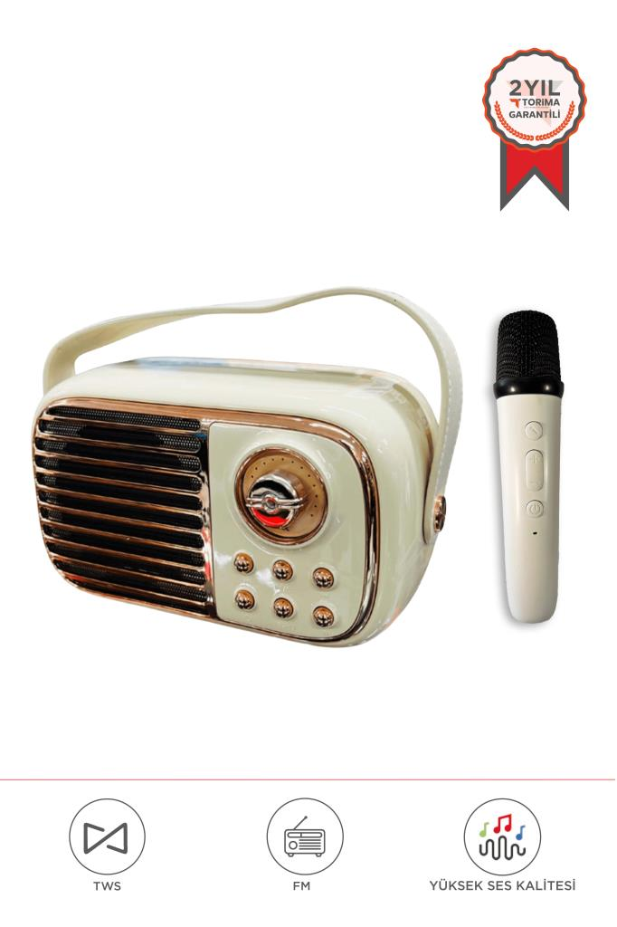 Bluetooh Hoparlör Nostaljik Radyo Mikrofonlu Rgb Işıklı TWS USB TF Speaker BTS-1956 Bej