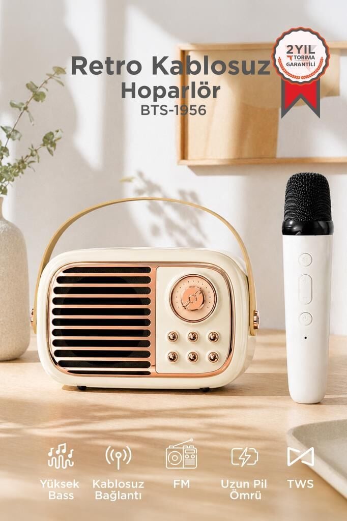 Bluetooh Hoparlör Nostaljik Radyo Mikrofonlu Rgb Işıklı TWS USB TF Speaker BTS-1956 Bej