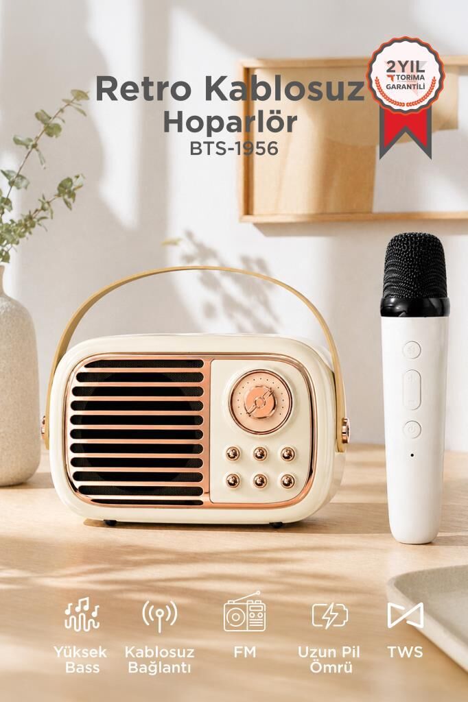 Torima Bluetooh Hoparlör Nostaljik Radyo Mikrofonlu Rgb Işıklı TWS USB TF Speaker BTS-1956 Bej