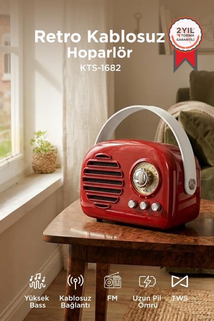 Bluetooth Hoparlör Nostaljik Radyo USB TF Destekli Speaker KTS-1682 Kırmızı
