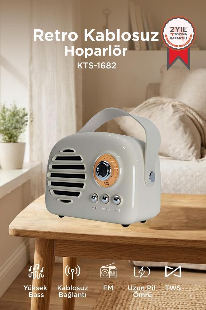 Bluetooth Hoparlör Nostaljik Radyo USB TF Destekli Speaker KTS-1682 Gri