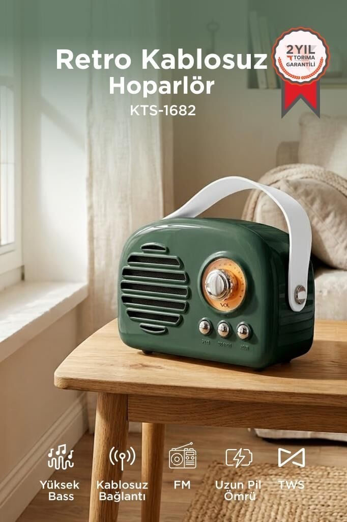 Bluetooth Hoparlör Nostaljik Radyo USB TF Destekli Speaker KTS-1682 Yeşil