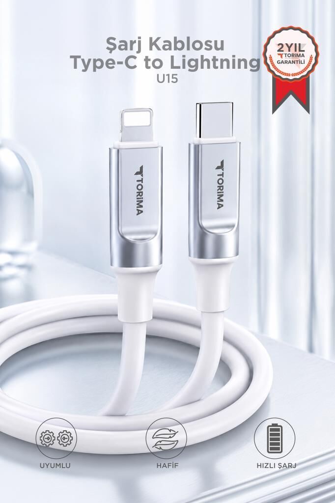 Şarj Kablosu Type-C to Lightning 3.0A Data Kablo U15 Beyaz