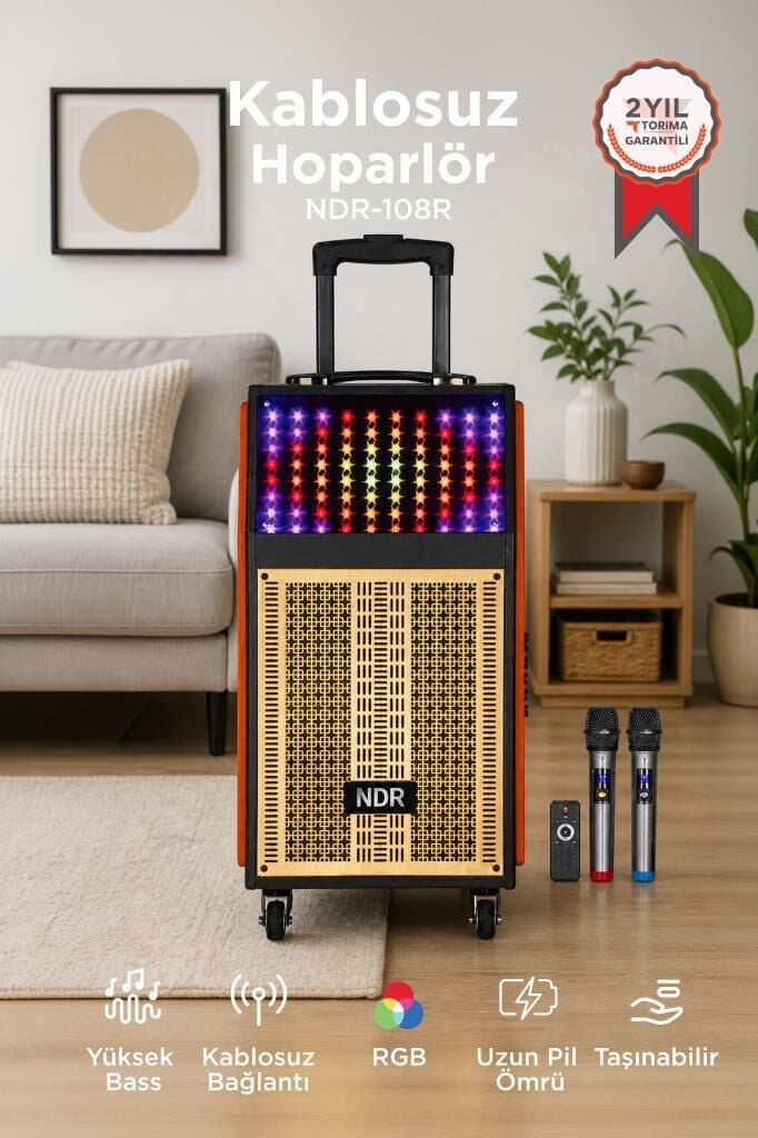 Bluetooth Hoparlör Mikrofonlu Kumandalı Rgb Işıklı Speaker NDR-108R Turuncu