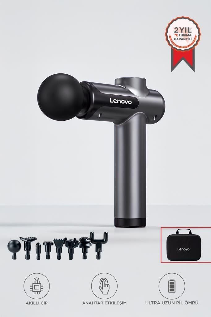 Lenovo N3 Gri Darbeli Titreşimli Masaj Tabancası Güçlü 1800mah Şarjlı 8 Başlıklı Egzersiz Aleti